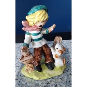 Rare Vintage French Artmark Boy Figurine Dog Handpainted Japan Knee Patch HTF